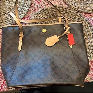 Coach Dark Brown Tote with Tan Straps